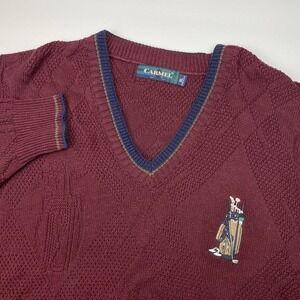 Vintage CARMEL Sweater Men's XL Golf Bag Embroidered‎ Maroon V Neck Made In USA